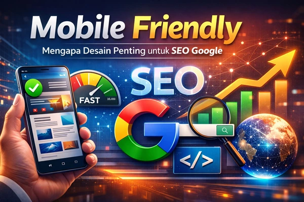 Banner ilustrasi tentang mobile friendly dan SEO Google, menampilkan smartphone dengan desain responsif, indikator kecepatan, ikon SEO, serta grafik peningkatan performa.