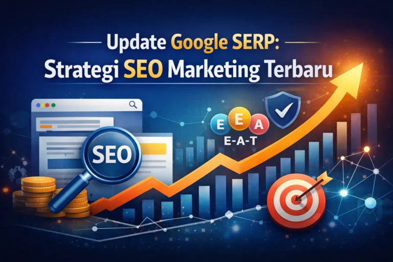 Banner profesional bertema Update Google SERP dengan ikon SEO, grafik naik, target, dan elemen EEAT yang menggambarkan strategi SEO marketing terbaru.